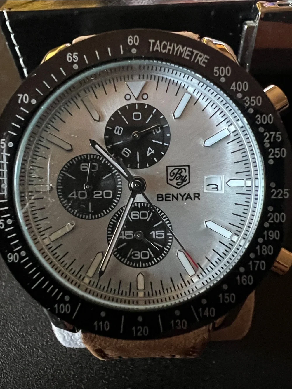 Benyar Mens Watches Quartz Movement Chronograph Leather Strap 30M Waterproof